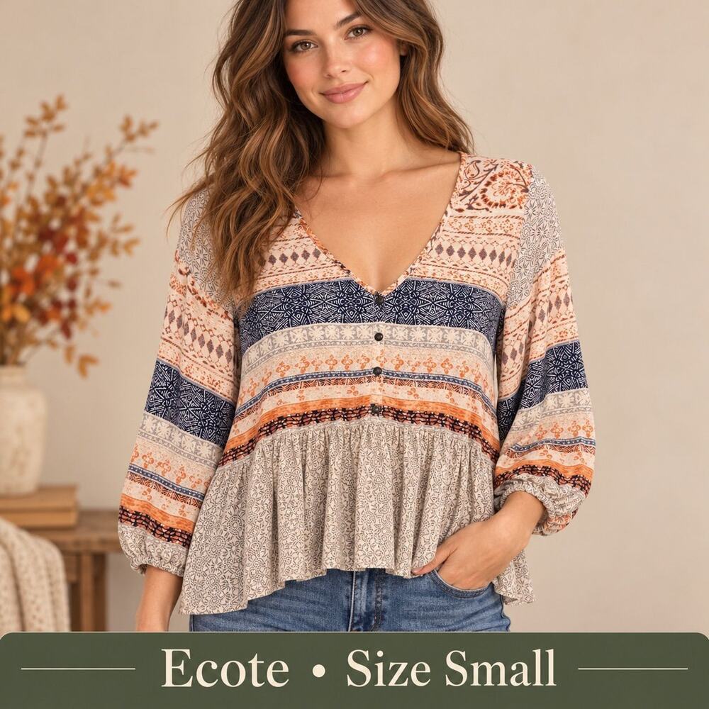 Ecote Cream Navy Orange Boho Peplum Top S